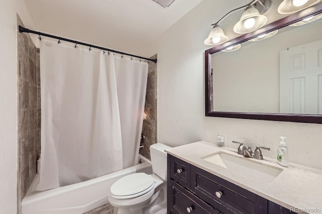 full bathroom featuring toilet, vanity, and shower / bath combination with curtain