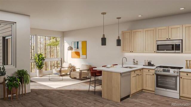 kitchen with stainless steel appliances, hardwood / wood-style floors, sink, kitchen peninsula, and a breakfast bar