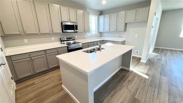 kitchen featuring an island with sink, appliances with stainless steel finishes, a sink, and gray cabinetry