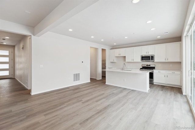 kitchen with visible vents, light wood-type flooring, a sink, appliances with stainless steel finishes, and light countertops