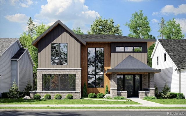 1253 S High St, Denver, CO 80210 - view of front of property featuring french doors, a front lawn, a standing seam roof, and a metal roof
