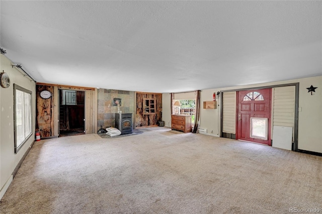 200 Rd P37, Bailey, CO 80421 - unfurnished living room featuring a wood stove, a textured ceiling, and carpet flooring