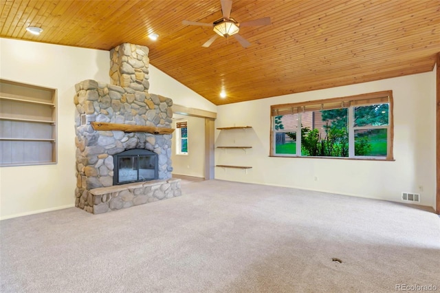29090 Golf Way, Evergreen, CO 80439 - unfurnished living room with wooden ceiling, a ceiling fan, carpet floors, a stone fireplace, and high vaulted ceiling