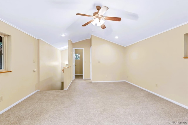 29090 Golf Way, Evergreen, CO 80439 - empty room featuring a ceiling fan, light carpet, lofted ceiling, crown molding, and recessed lighting