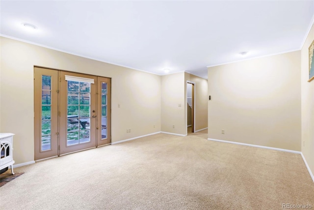 29090 Golf Way, Evergreen, CO 80439 - spare room with a wood stove, light colored carpet, and crown molding