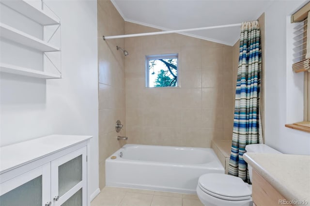 29090 Golf Way, Evergreen, CO 80439 - full bathroom featuring shower / bath combo, vanity, tile patterned floors, and ornamental molding