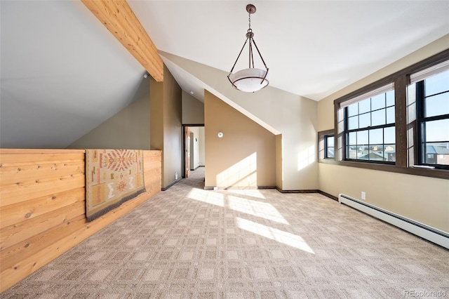 127 Silver Sage Rd, Granby, CO 80446 - bonus room featuring a baseboard heating unit, vaulted ceiling with beams, baseboards, and carpet floors