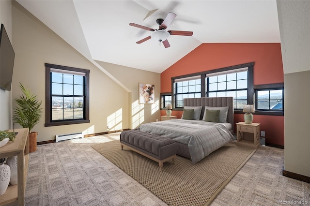 127 Silver Sage Rd, Granby, CO 80446 - bedroom with lofted ceiling, baseboards, carpet, and a baseboard radiator
