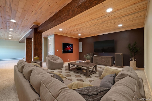 127 Silver Sage Rd, Granby, CO 80446 - carpeted living room with wood ceiling, baseboards, recessed lighting, and a baseboard radiator