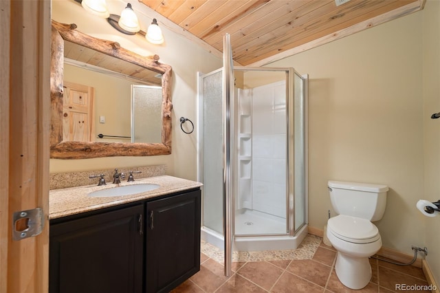 127 Silver Sage Rd, Granby, CO 80446 - full bathroom featuring a shower stall, tile patterned floors, wood ceiling, and toilet
