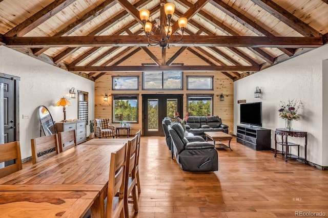 4513 County Road 323, Westcliffe, CO 81252 - dining space featuring a chandelier, high vaulted ceiling, a wood ceiling with exposed beams, hardwood / wood-style flooring, and wooden walls