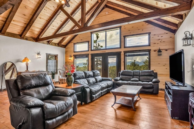 4513 County Road 323, Westcliffe, CO 81252 - living room with high vaulted ceiling, a wooden ceiling with exposed beams, light wood-style floors, and wooden walls