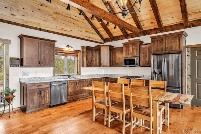 4513 County Road 323, Westcliffe, CO 81252 - kitchen featuring wood ceiling, appliances with stainless steel finishes, light wood-type flooring, dark brown cabinets, and a chandelier