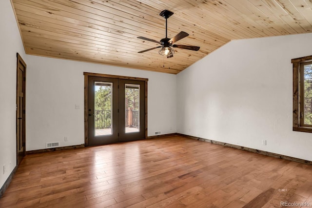 4513 County Road 323, Westcliffe, CO 81252 - empty room featuring wood ceiling, a ceiling fan, vaulted ceiling, hardwood / wood-style flooring, and french doors