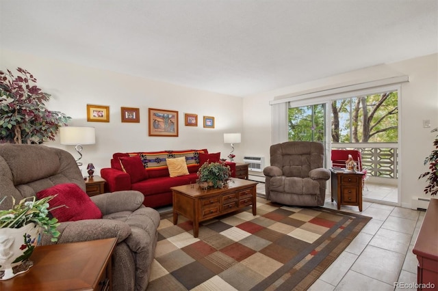 tiled living room with a wall unit AC and a baseboard radiator