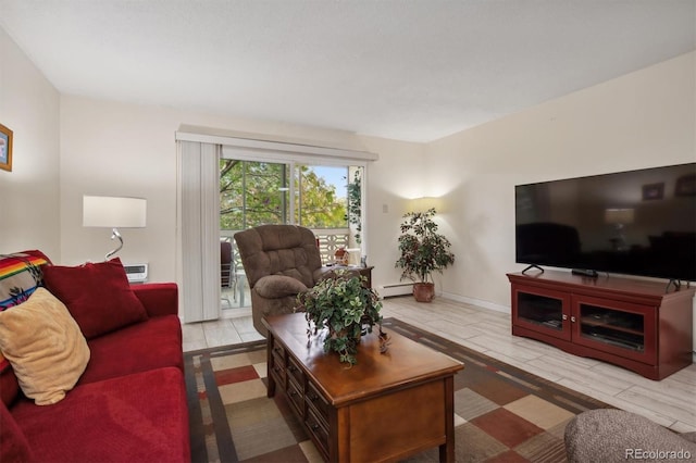 living room featuring a baseboard heating unit