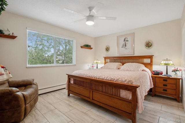 bedroom featuring a baseboard radiator and ceiling fan