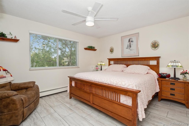 bedroom featuring a baseboard radiator and ceiling fan