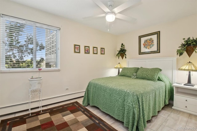 bedroom featuring a baseboard radiator, light tile patterned floors, and ceiling fan