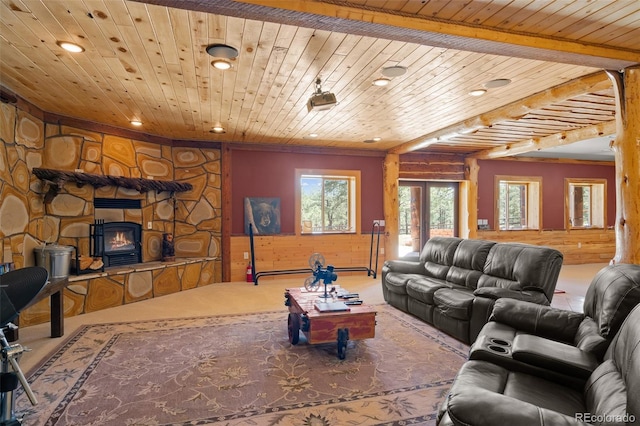 14552 Timber Valley Dr, Weston, CO 81091 - living area featuring carpet flooring, recessed lighting, wooden ceiling, a stone fireplace, and wood walls