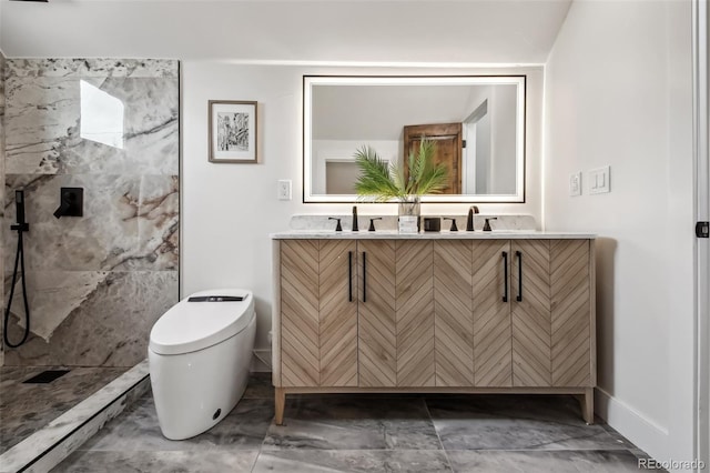1024 W 8th Ave, Denver, CO 80204 - bathroom featuring double vanity, toilet, a shower, baseboards, and marble finish flooring
