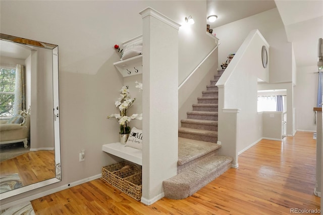 stairway featuring wood-type flooring and a wealth of natural light