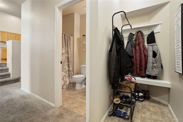 mudroom featuring light carpet