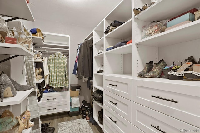 walk in closet with dark wood-type flooring