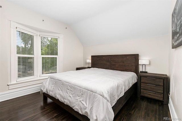 bedroom featuring dark wood-type flooring and lofted ceiling