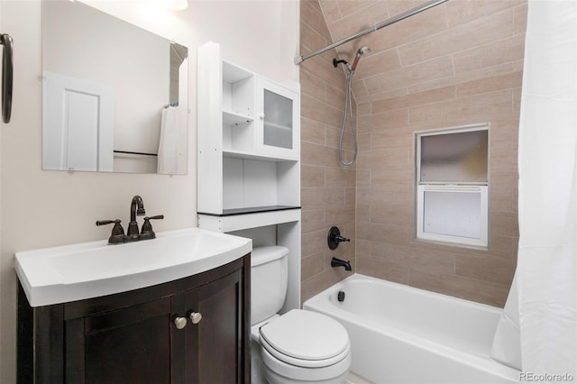 full bathroom with vanity, toilet, and shower / bathtub combination with curtain