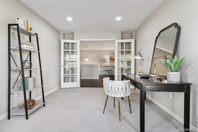 carpeted home office featuring recessed lighting, baseboards, and french doors