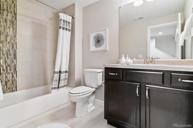 bathroom featuring visible vents, shower / bathtub combination with curtain, toilet, vanity, and tile patterned flooring