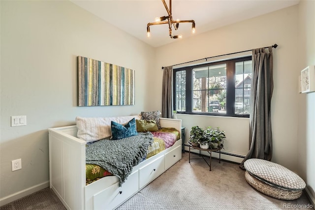 bedroom with baseboards, carpet, a baseboard heating unit, and a notable chandelier