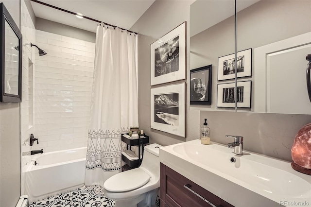 bathroom featuring baseboard heating, vanity, tile patterned floors, toilet, and shower / tub combo with curtain