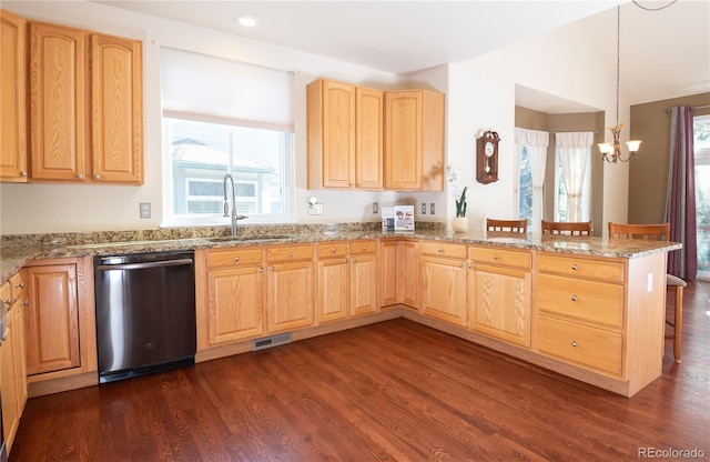 16873 Boreas Ct, Parker, CO 80134 - kitchen featuring stainless steel dishwasher, light brown cabinets, a chandelier, dark wood finished floors, and plenty of natural light
