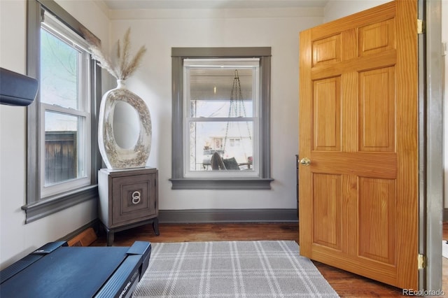 interior space with baseboards and wood finished floors