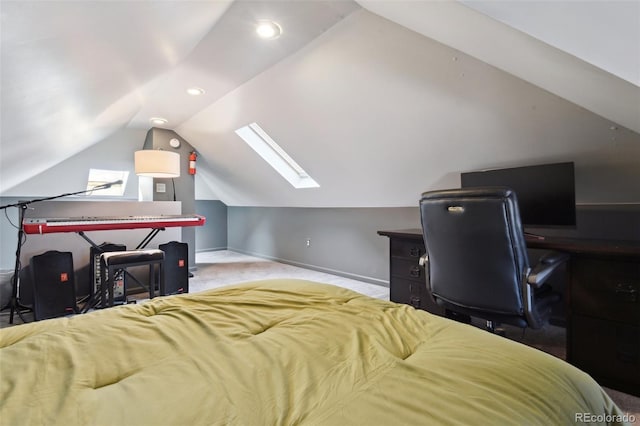 carpeted bedroom with vaulted ceiling with skylight, recessed lighting, and baseboards