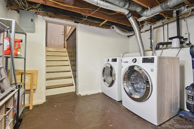 clothes washing area with washer and dryer, laundry area, and electric panel