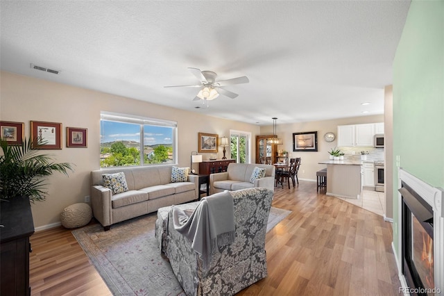 4194 Beautiful Cir, Castle Rock, CO 80109 - living room with light wood-style floors, a ceiling fan, and baseboards