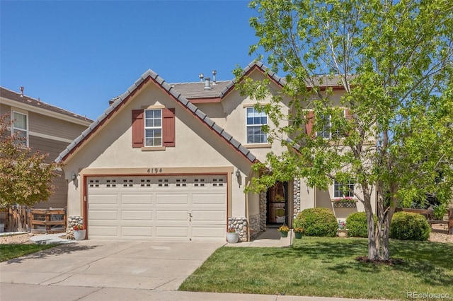 4194 Beautiful Cir, Castle Rock, CO 80109 - traditional-style home with driveway, a tiled roof, stucco siding, and a front lawn