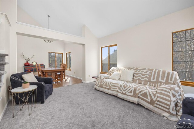 6868 Johnson St, Arvada, CO 80004 - carpeted living room featuring baseboards and high vaulted ceiling