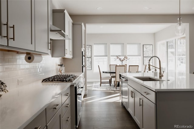 kitchen featuring gray cabinetry, sink, a wealth of natural light, and appliances with stainless steel finishes