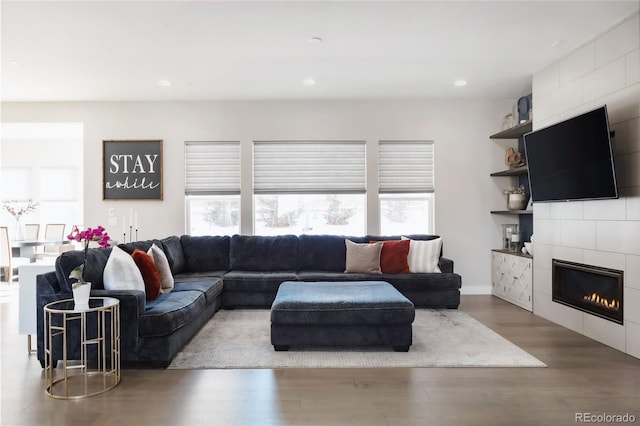 living room with hardwood / wood-style floors and a tile fireplace