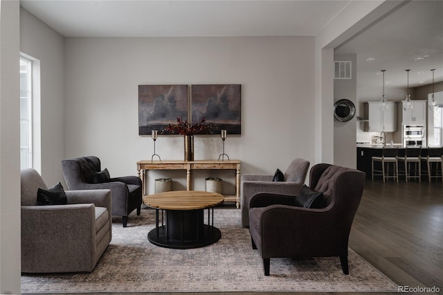 living room featuring a healthy amount of sunlight and dark wood-type flooring