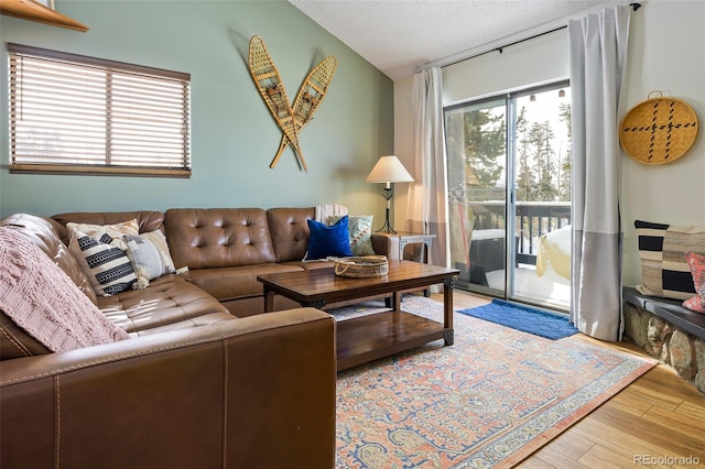 living room featuring vaulted ceiling, a textured ceiling, and hardwood / wood-style flooring