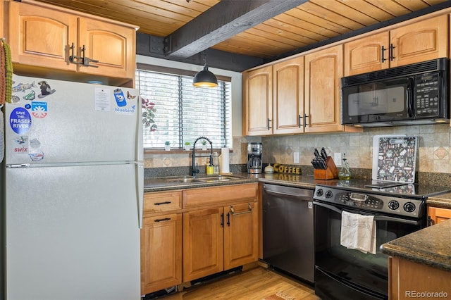 kitchen featuring light hardwood / wood-style flooring, black appliances, beamed ceiling, wooden ceiling, and sink