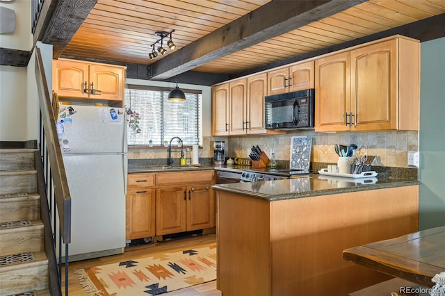 kitchen featuring white refrigerator, sink, kitchen peninsula, wood ceiling, and beam ceiling