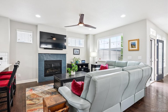 9311 E 5th Ave, Denver, CO 80230 - living area with plenty of natural light, ceiling fan, a glass covered fireplace, dark wood-style flooring, and recessed lighting