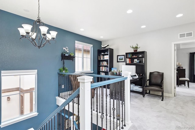 9311 E 5th Ave, Denver, CO 80230 - hall featuring a chandelier, carpet, an upstairs landing, recessed lighting, and a desk
