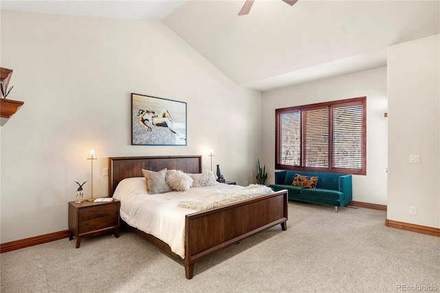 5350 S Marshall St, Littleton, CO 80123 - bedroom with light colored carpet, baseboards, vaulted ceiling, and ceiling fan
